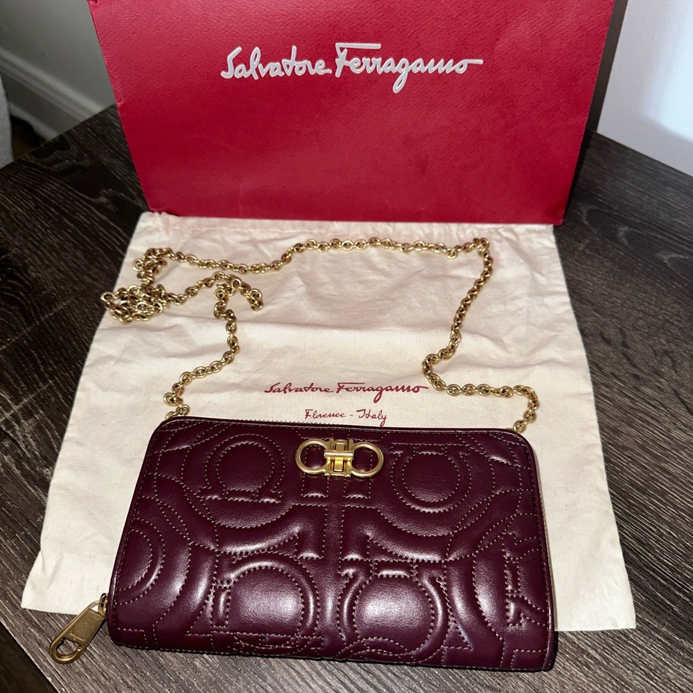 Salvatore Ferragamo Maroon Gancini Quilted Wallet on Chain 
New with Dust Bag